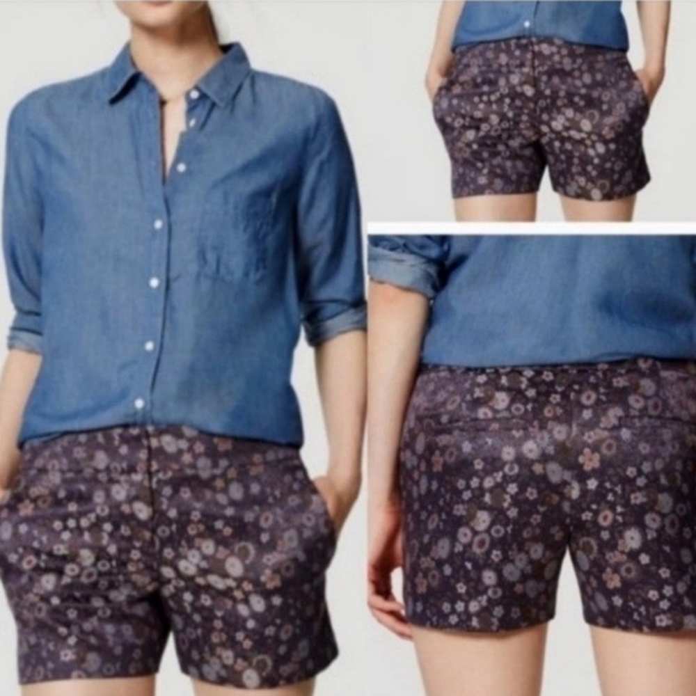 ANN TAYLOR LOFT Womens Shiny Purple Blue Floral Shorts Size 4 Pockets